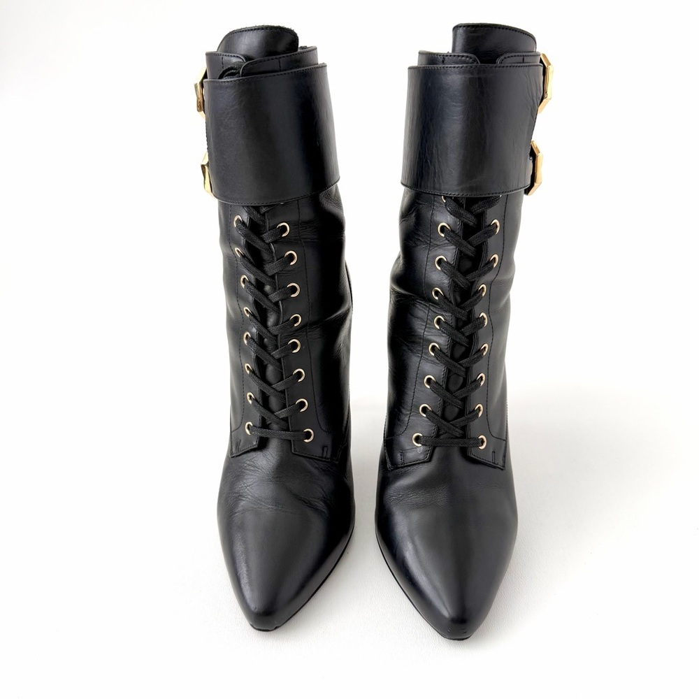BALMAIN || Nina Black Leather Buckle Lace Up Ankle Boots Stiletto Heels EU 38 - Picture 5 of 16